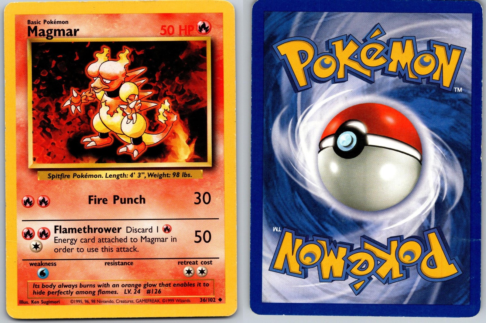 MAGMAR POKEMON BASE SET UNLIMITED 36/102 UNCOMMON HP