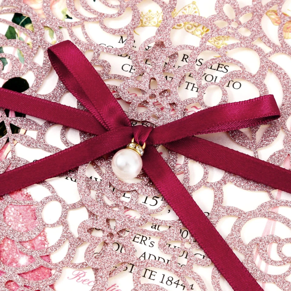 50 PIEZAS Invitación de Quinceañera Corte Láser con Sobre, 4.9" x7.2' Brillo Rosa... Foto 3 de 4