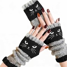 Women  s Knitted Fingerless Gloves with Cute Cat,Winter Indoor Outdoor Warm Glove
