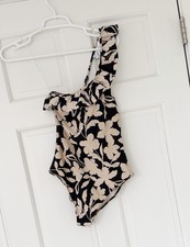 NWOT H M one piece swimsuit size S black tan one shoulder floral ruffles