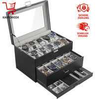 Uhrenbox 20 FäCher 2 Ebenen Mit Schublade Glasdeckel Schwarz Uhrenaufbewahrung