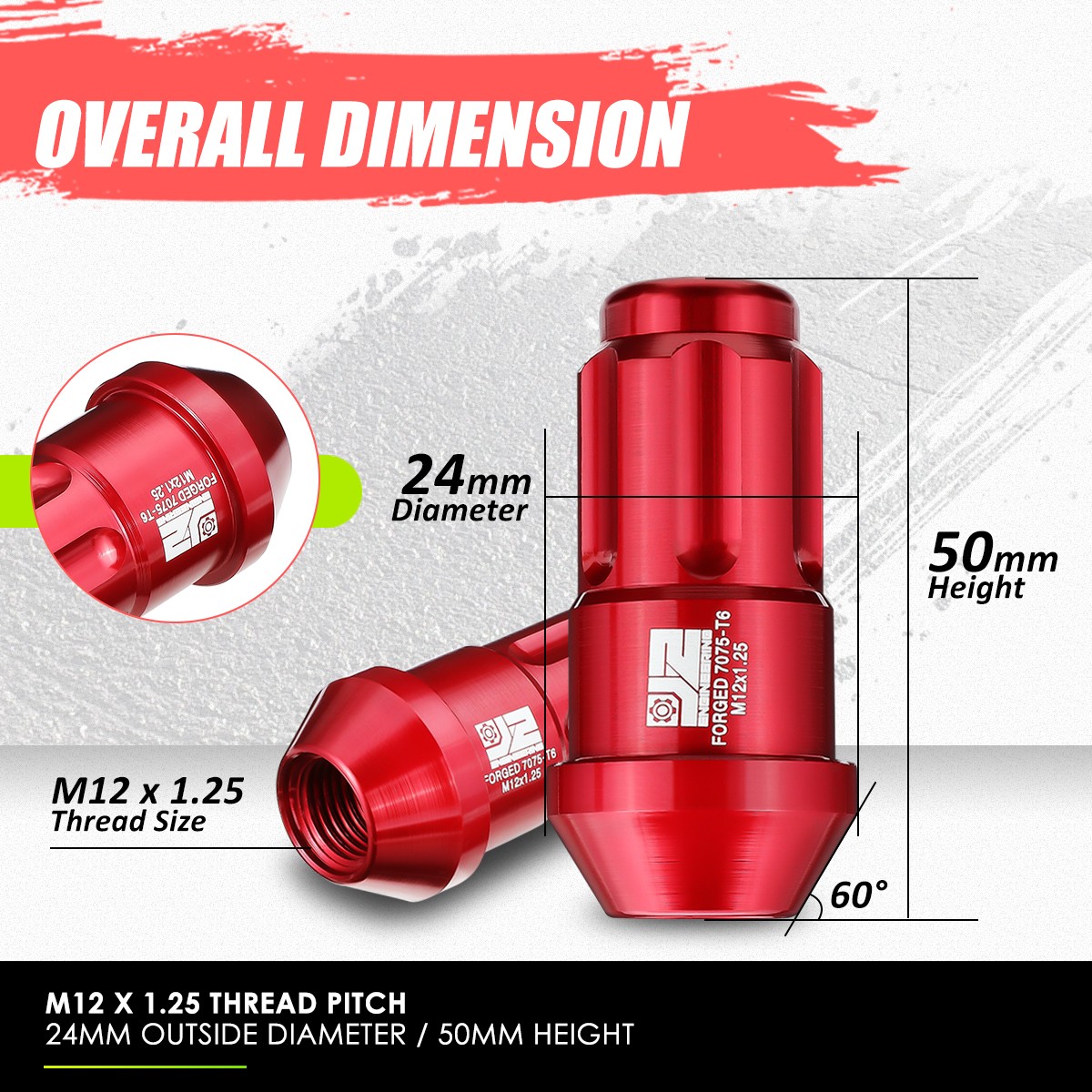 J2 Red Spline Drive Style Close End M12x1.25 20Pc 50mm Lug Nut Set