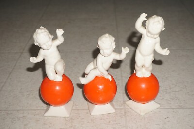 Antique White Orange Porcelain Putti Cherub Figurine Statue on Orb German Lot 3