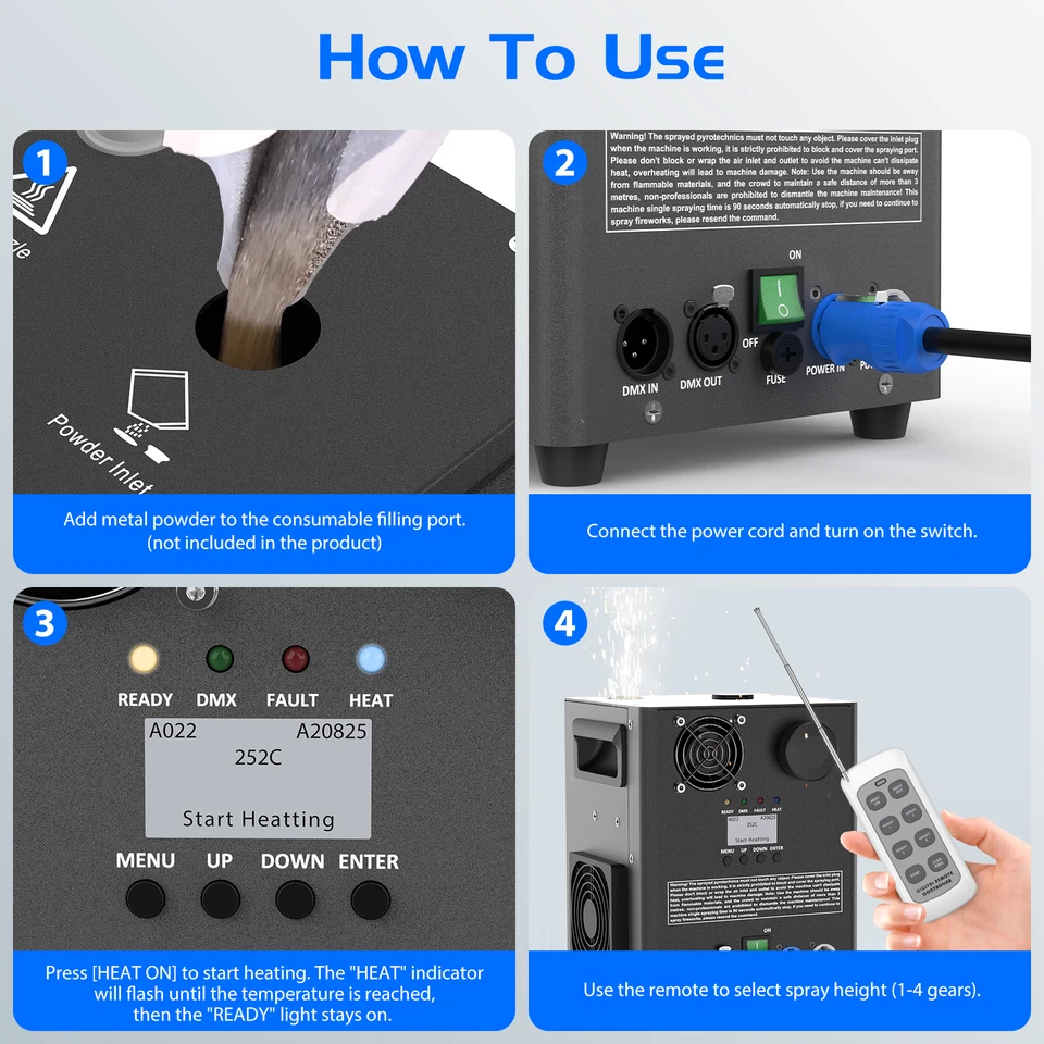 Máquina de chispas frías 1200 W efecto escenario DMX máquina de fuegos artificiales bar show de bodas + estuche Foto 4 de 4