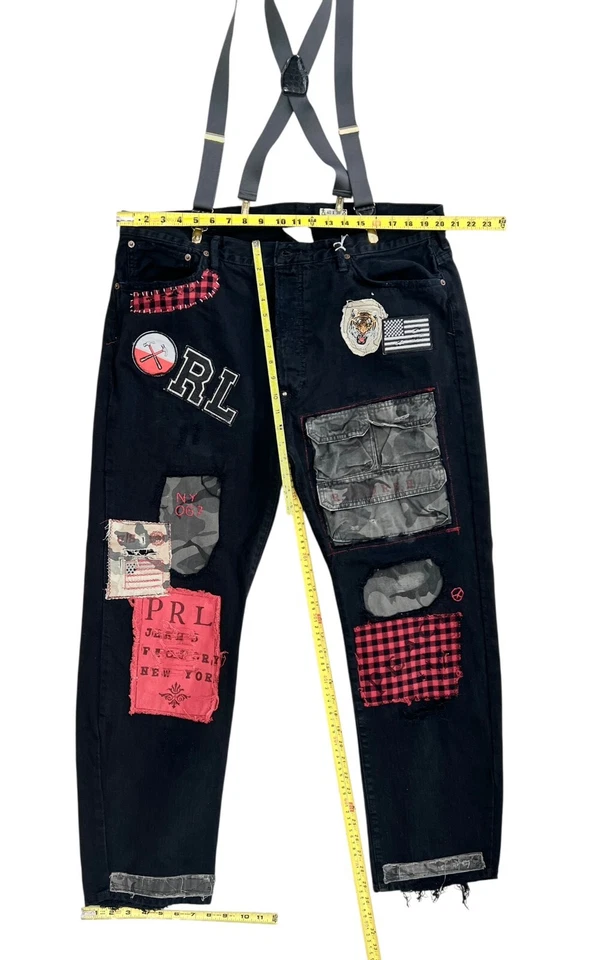 Polo Ralph Lauren men black jeans 40x30 patchwork ripped upcycled suspenders - Image 3 of 4