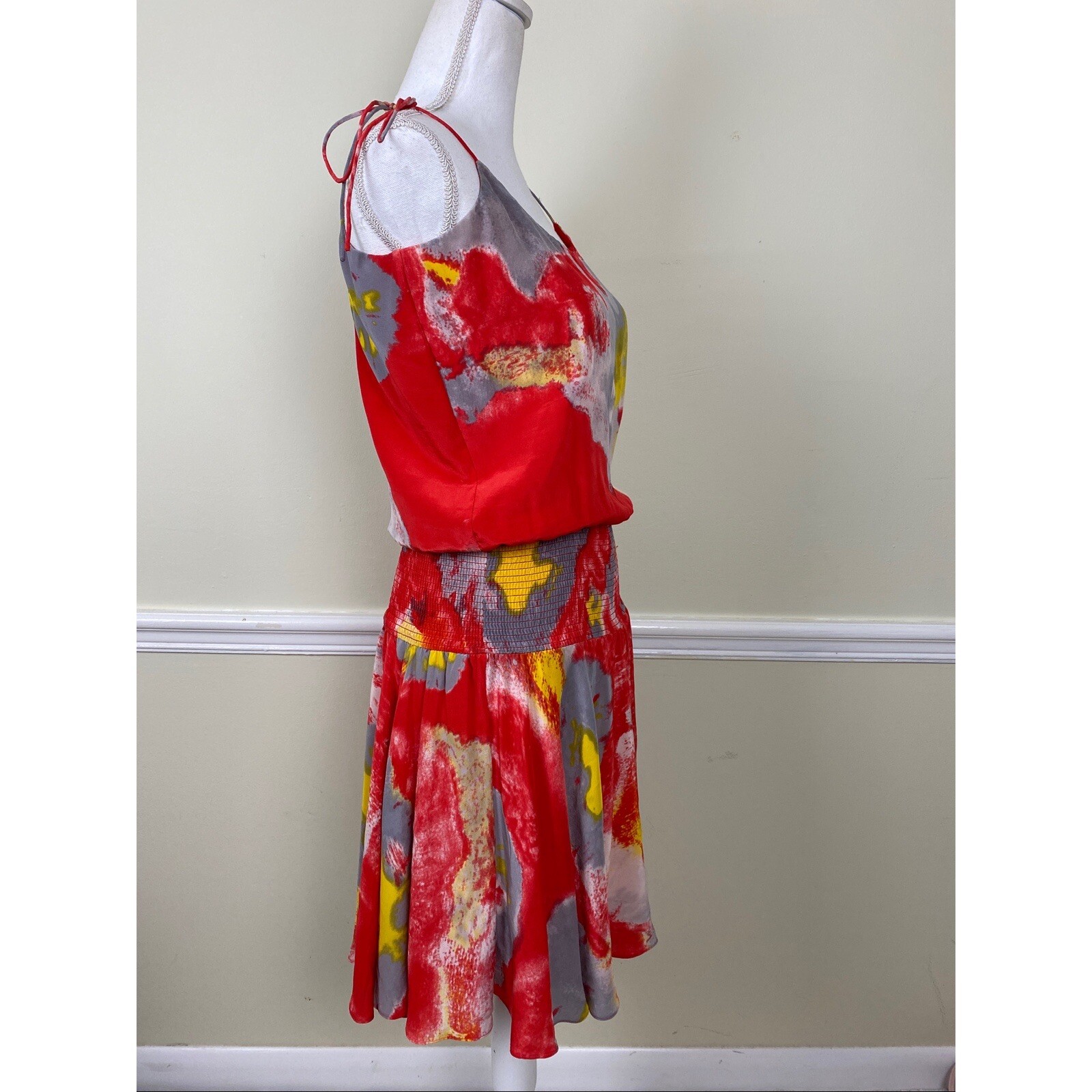 Halston Heritage Poppy Water Mirage Print Silk Dress Tie Shoulder