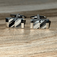 Monochrome Striped Mother of Pearl Cufflinks Men&rsquo;s Silver Tone Classic Old Money