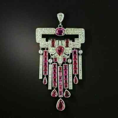 Art Deco Style Ruby & Lab Created Diamond Engagement 14K White Gold FN Pendant
