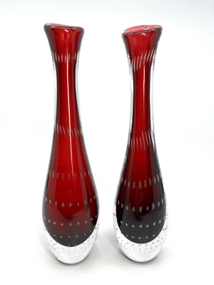 PAIR OF Vases! VICKE LINDSTRAND for Kosta RED GLASS VASE  CONTROLLED AIR BUBBLES