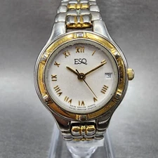 ESQ Watch Women 27mm Silver Dial Two Tone Date Round New Battery Vintage