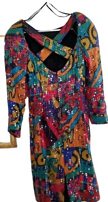 Vintage Rimini Retro Party Cocktail Sequin Silk Evening Dress Sz 10 Drag Theater