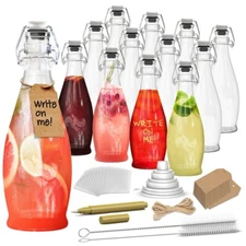Nevlers Set of 12 Glass Bottles - 17 Oz. Glass Serving Bottles and Accessories