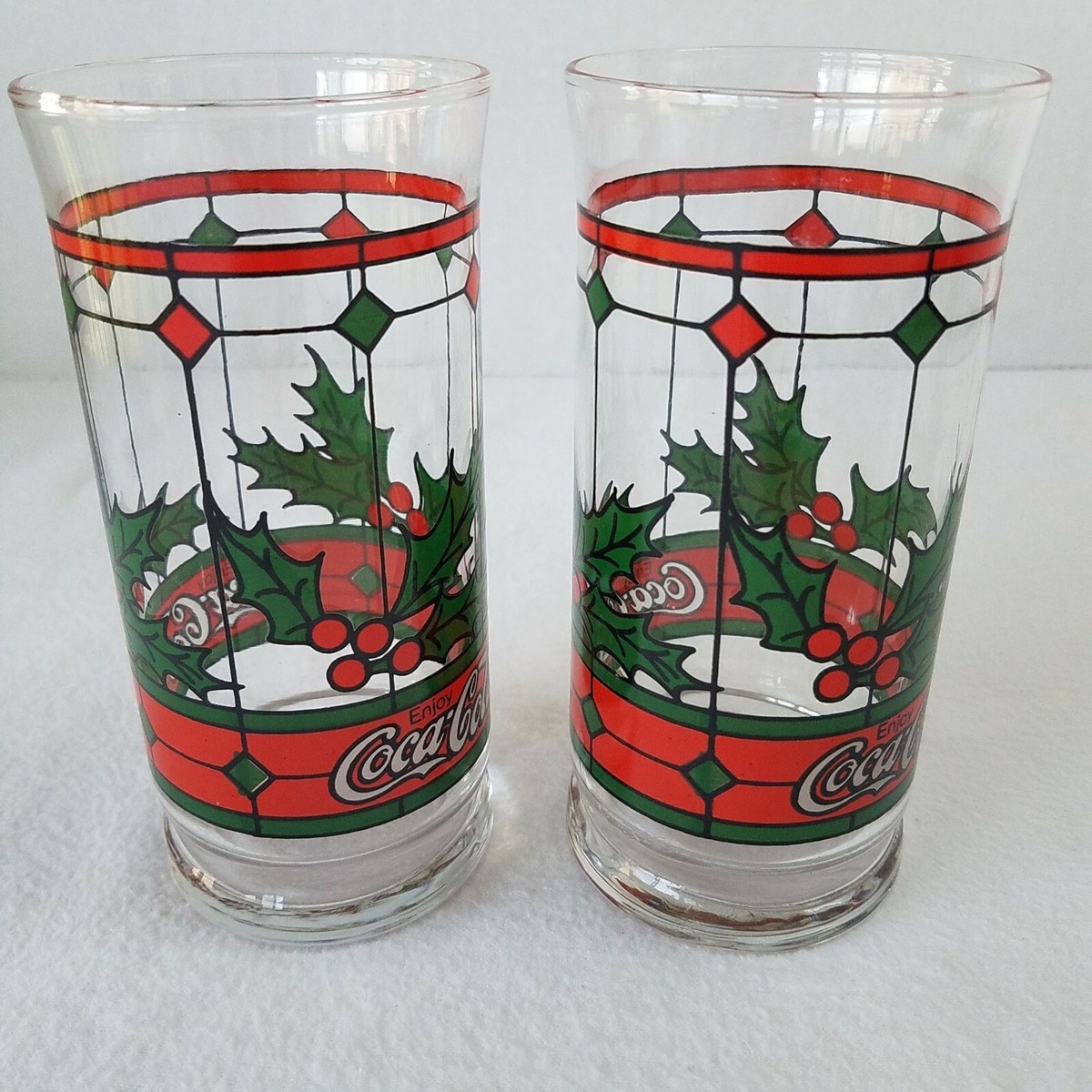 Coca Cola Christmas Holly Berry Stained Glass Drinking Glasses Set