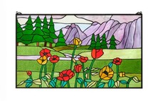 33.75"L x 20"H Tiffany Style stained glass window panel Flowers Mountain HF603