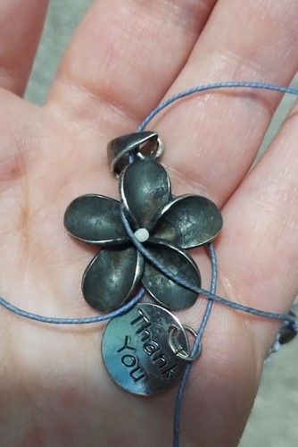 Vintage Oxidized 925 Sterling Silver Flower Charm Pendant on String