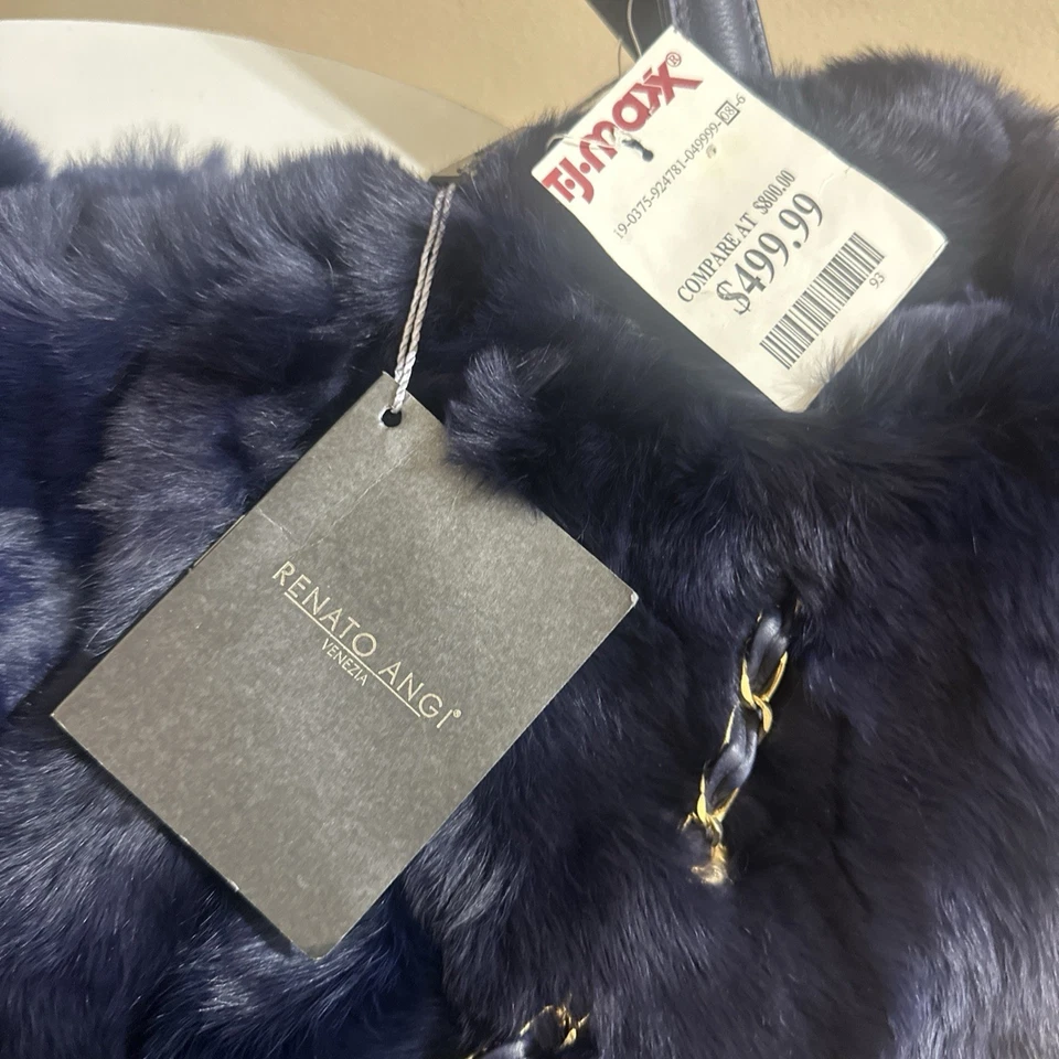 $499.99 Bolso de Hombro Bolso de Hombro Bolso de Piel de Conejo Azul Marino RENATO ANGI Venezia Nuevo con Etiquetas Foto 4 de 4