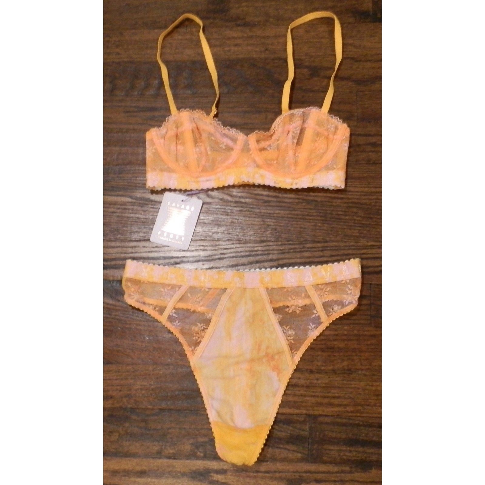 Savage X Fenty Orange Lace Bra Panties Set Women's Size 32B Medium NWT