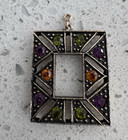 Silver Tone Rectangle Cutout Pendant w/8 Multicolor Round Stones Metal — photo 1