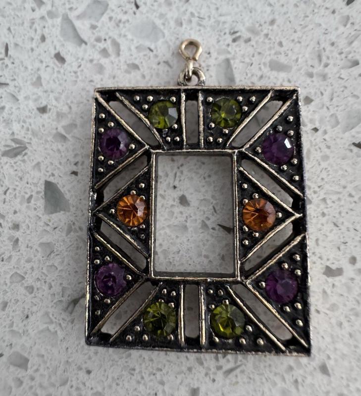 Silver Tone Rectangle Cutout Pendant w/8 Multicolor Round Stones Metal