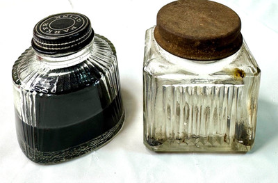 Vintage Lot of 2 Glass Fountain Pen Ink Bottles Parker Quink and Unknown