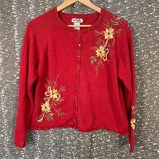 Vintage Tiara International Red Cardigan Sweater Floral Embroidered Women's XL