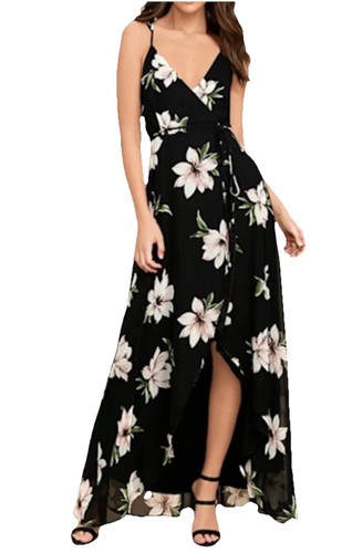 Lulu’s All Mine Black Floral Print High-Low Slit Wrap Maxi Dress Wedding S