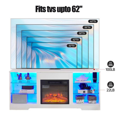 58 In. Modern Freestanding Electric Fireplace TV Stand with Glass Shelves, LE...