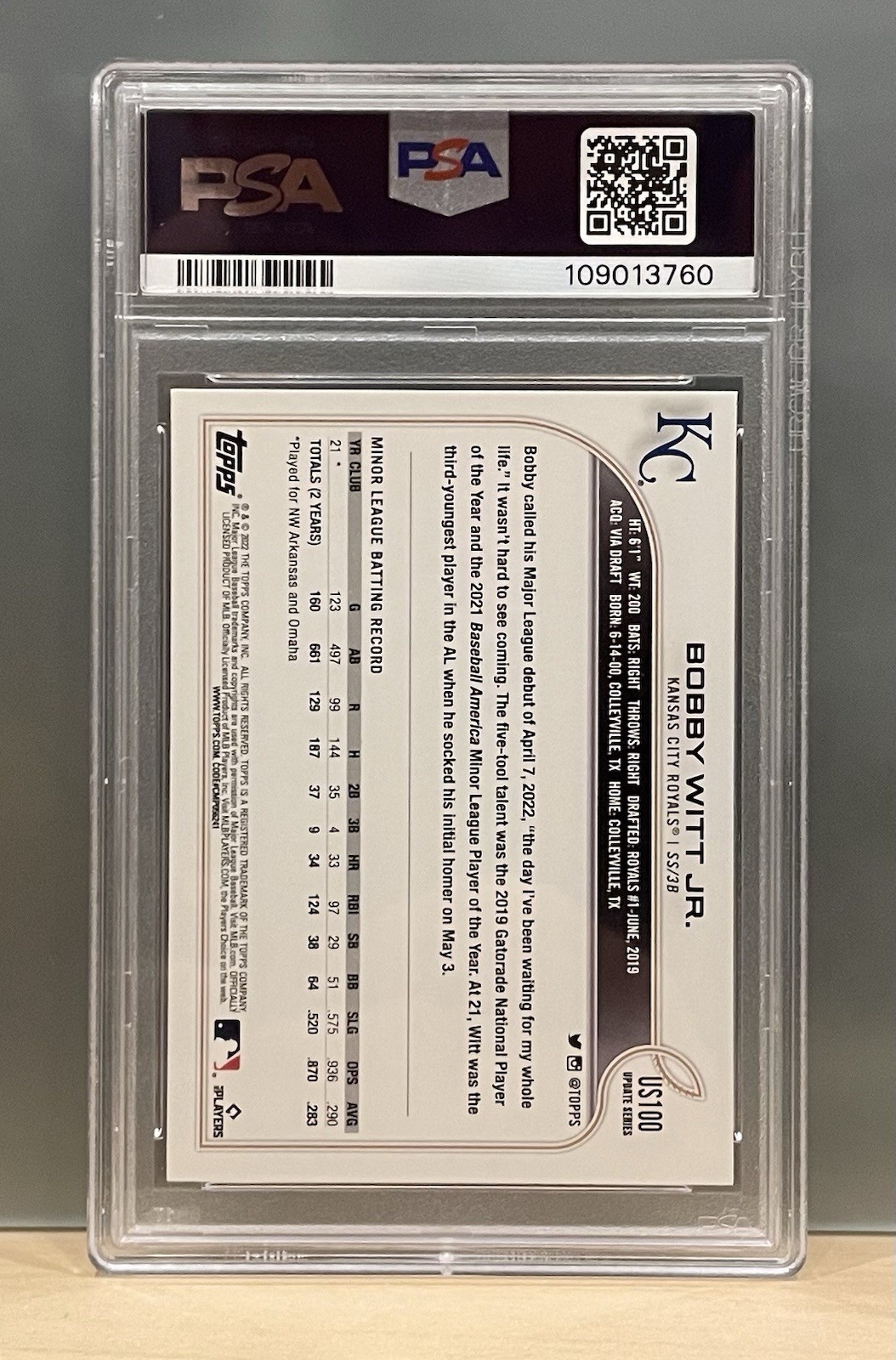 2022 Topps Update Bobby Witt Jr. #US100 Rookie RC PSA 9 MINT Kansas City Royals view 2