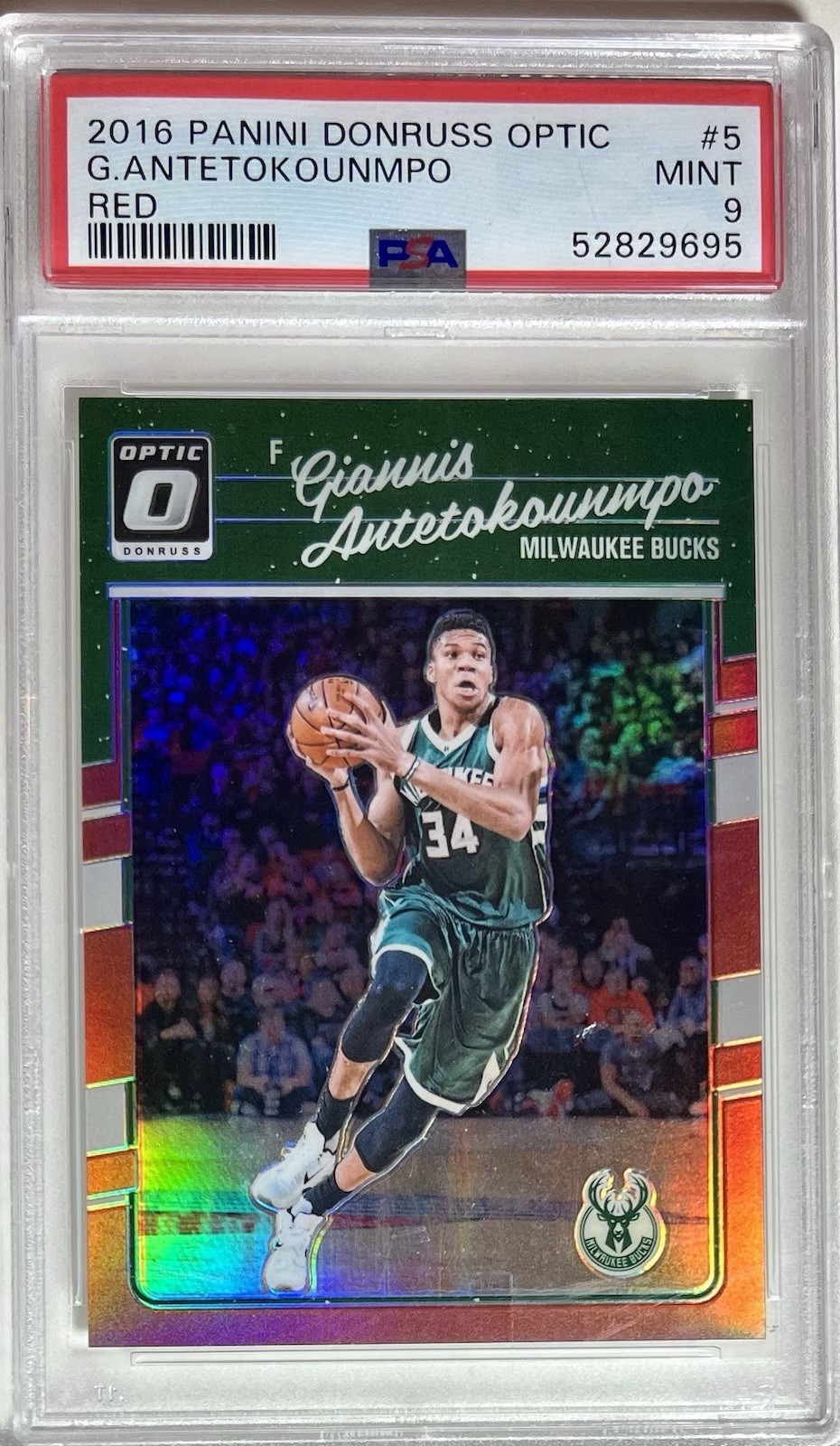 Giannis Antetokounmpo 2016-17 OPTIC HOLO RED PRIZM /99 #5 PSA 9 | 1st Yr Optic!
