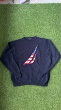 Nautica Men's Navy Blue Sweater Size M Large Front Logo US Flag Long Sleeve