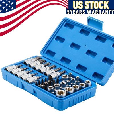 34X Drive Male Female Torx Star Bit Socket E-socket Set Handheld Tool Case US