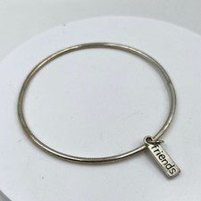 Vintage Silver Tone Bangle Bracelet with 'Friends' Charm, Minimalist Jewelry