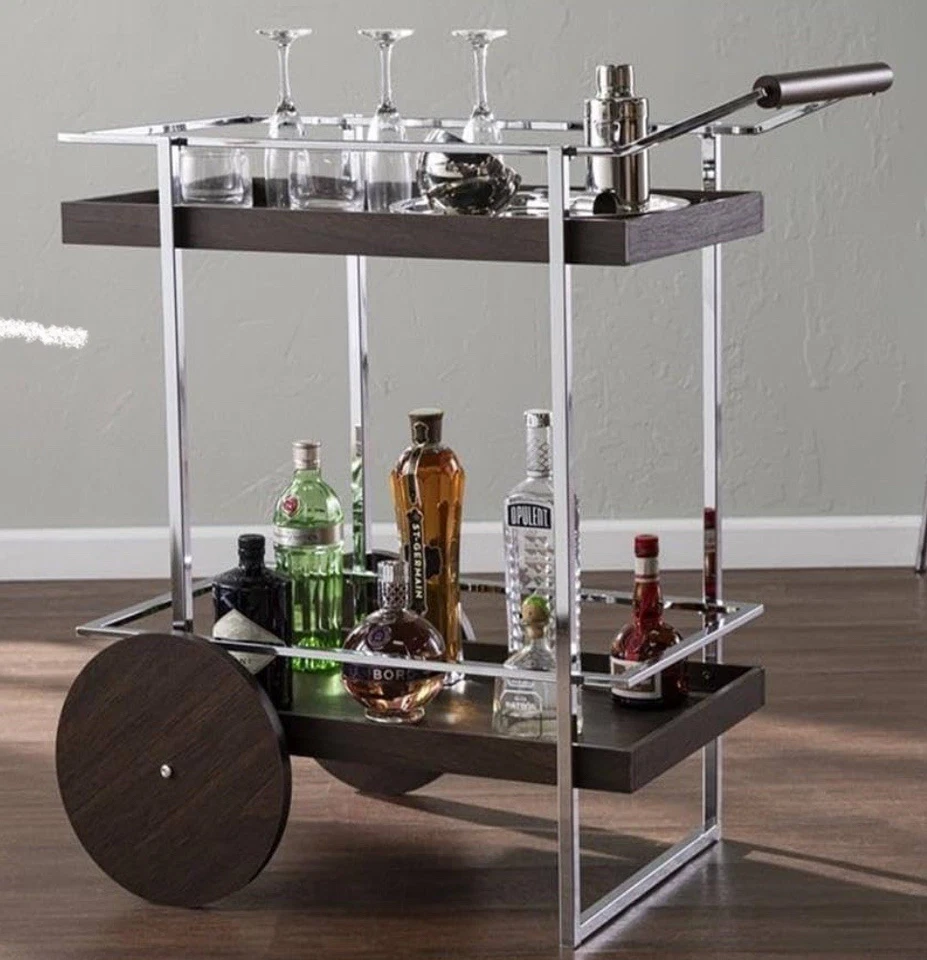 Carro de barra enrollable SEI Furniture Dorben, soporte para copa de vino y vidrio, marrón Foto 2 de 4