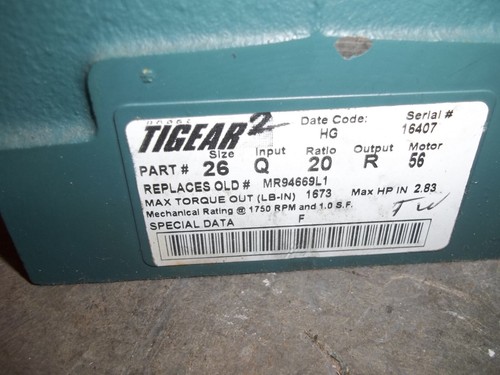DODGE TIGEAR 26Q20R56 GEAR REDUCER Q INPUT 20 RATIO OUTPUT R 56 MOTOR (S5) - Picture 6 of 6