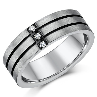 Titan Ring Drei Diamanten Rillen Inlay Verlobung Atemberaubend 5mm oder 7mm Band
