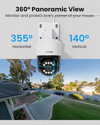ZOSI 4K 8MP Caméra Surveillance Extérieure PoE, Caméra IP Pan 355° Tilt 140°, Suivi Automatique, Détection de Personne/Véhicule/Animal, Audio Bidirectionnel, Stockage Cloud