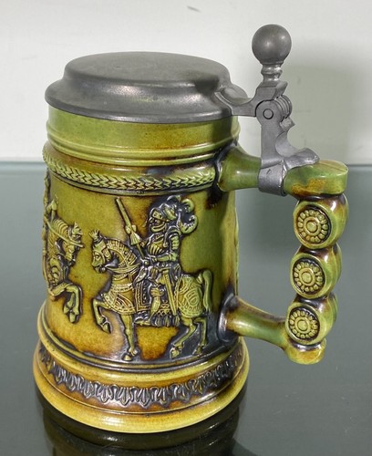 Gerz West Germany Ceramic Green Beer Stein Medieval Knights Horses Pewter Lid - Picture 2 of 14