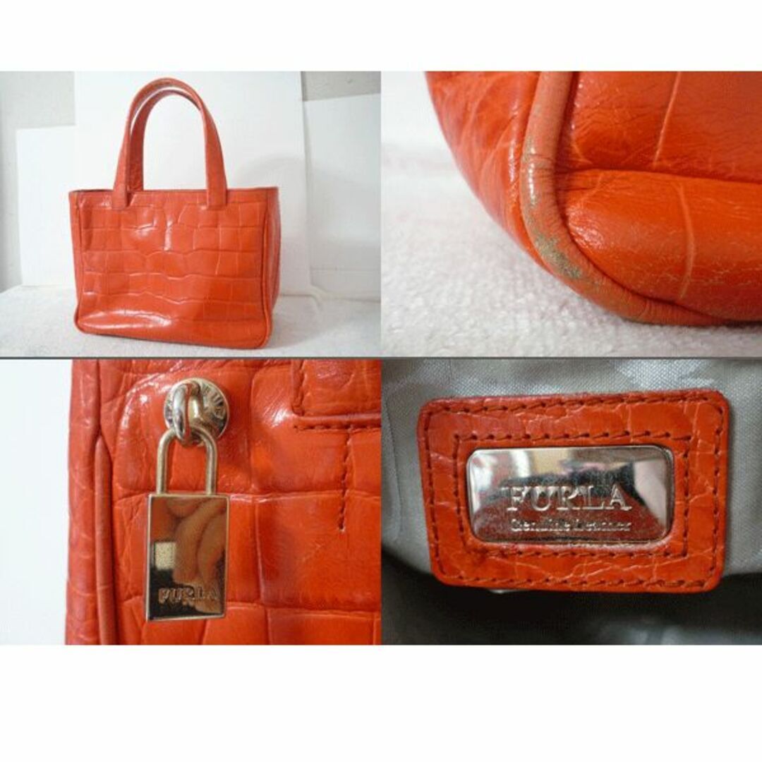 FURLA leather orange croco embossed tote bag handbag | eBay