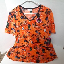 Scrub Star Happy Halloween Women Size Large Shirt Top Witch Ghost Bat Spider NWT