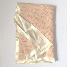 Vintage Crochet Baby Nursery Blanket Throw Pink Ivory Cream Satin Edge Backing