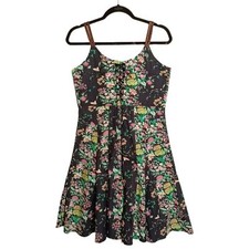 Colorful Floral Print Faux Denim Print Woven Strap Lace Up A Line Dress M