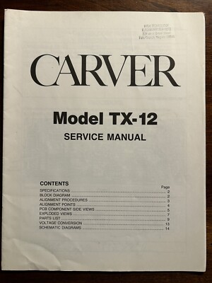 Carver Model TX-12 Synthesized Stereo Tuner Service Manual Original OEM Genuine