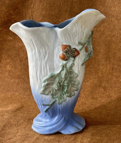 Weller Roba 1930s Vintage Art Pottery Oak Leaf And Acorns Blue Ceramic 12" Vase