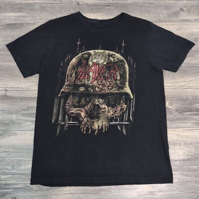 SLAYER Metal Band Tee Black Skull Helmet Graphic Thrash Music Mens