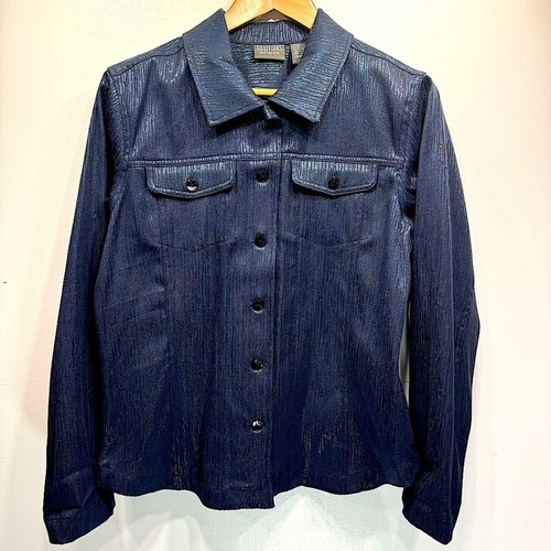 Chico’s Additions Blue & Black Metallic Long Sleeve Button Down Shirt Size 1/M