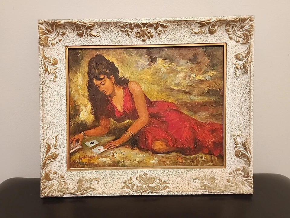 Pintura firmada óleo sobre lienzo después de Robert Van Cleef As de corazones 18x14 enmarcada Foto 2 de 4