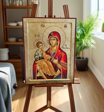 Large Christian Icon With Virgin Mary Tricherousa  superior quality in Gold Leaf