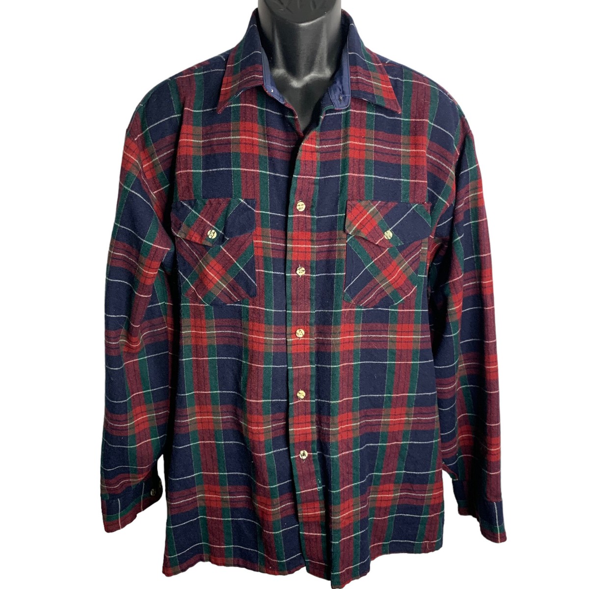 Vintage 80s Button Up Shirt Mens XL Blue Plaid Flannel
