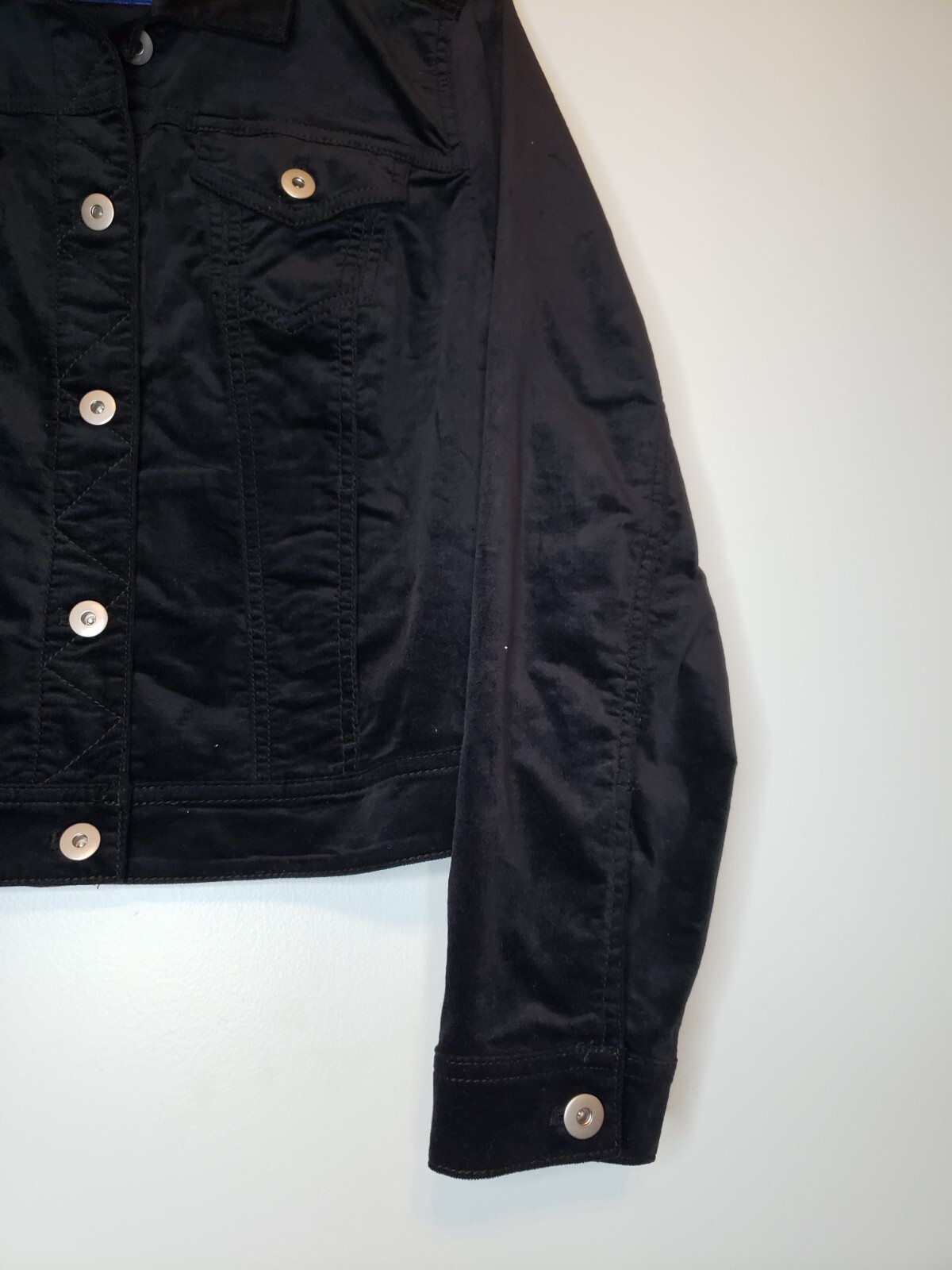 J Jill Women Petite S Black Velvet Jean Jacket Long Sleeve Button Front