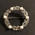 STERLING SILVER .925 lot Brooch H9 Marcasite Pearl Wreath Round Vintage Fashion